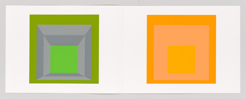 Two square color studies side by side, a recessed green-gray square on left and a flat orange-yellow square on right.