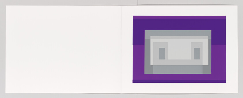 An open booklet showing a purple and gray geometric rectangle design on the right page.