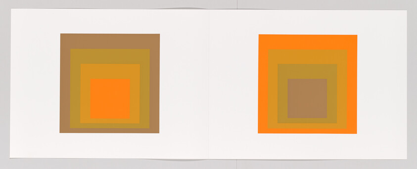 Two square prints with concentric orange and brown squares displayed side by side.