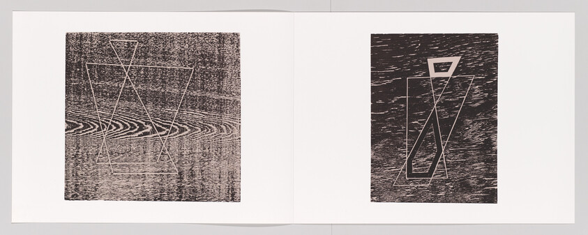 Two abstract woodgrain prints with overlapping geometric shapes displayed side by side on a white spread.