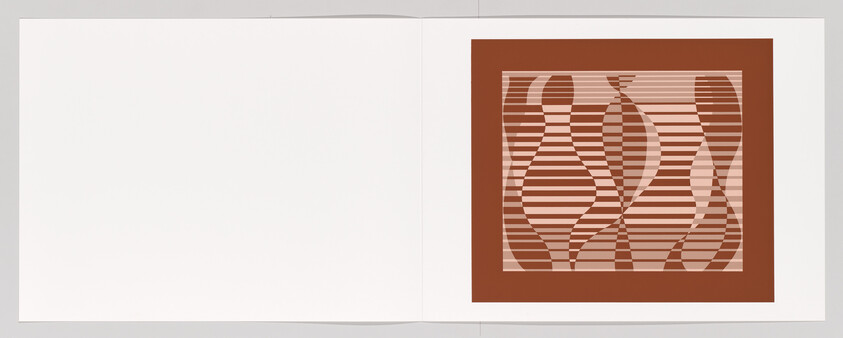 An open white card with a brown framed abstract striped pattern of wavy vertical shapes.