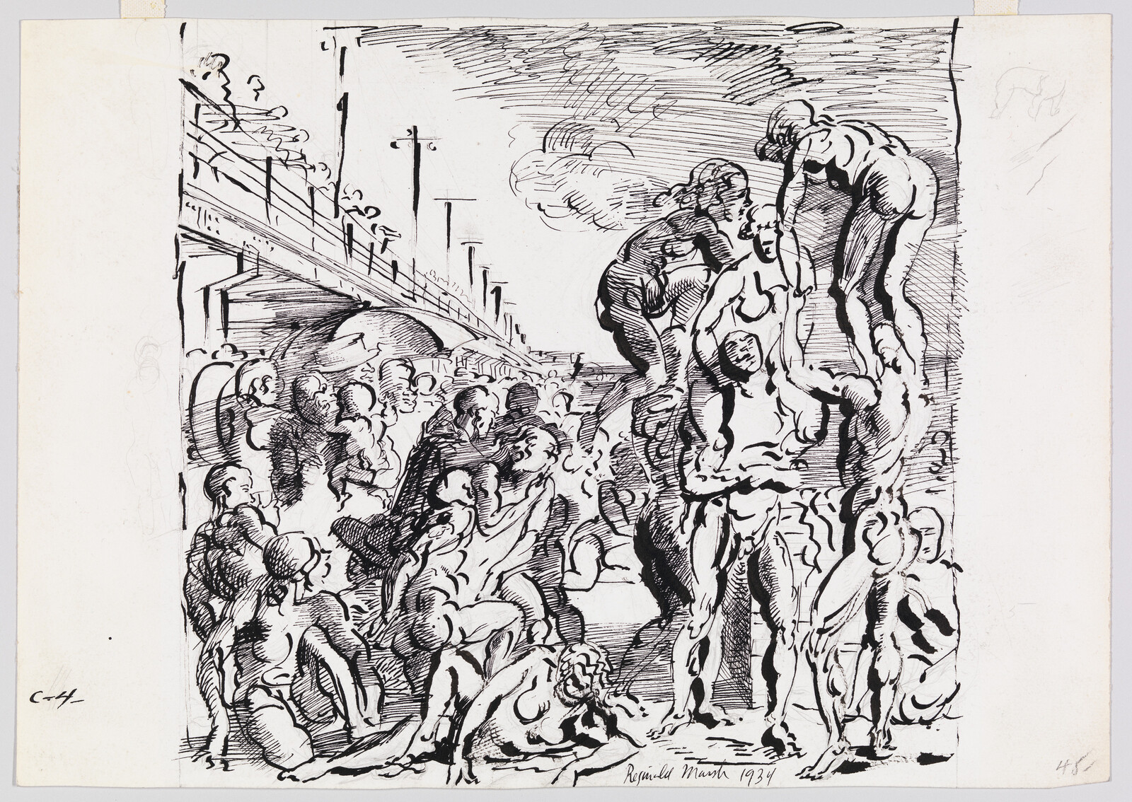 A crowd of nude figures forms a human pyramid near a bridge.