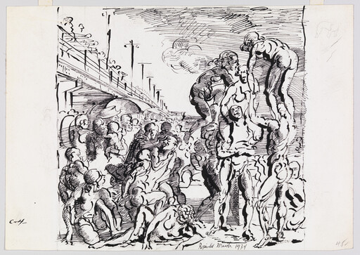 A crowd of nude figures forms a human pyramid near a bridge.