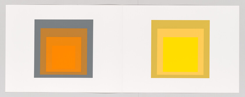 Two pages show concentric squares, one set in gray and orange and the other in yellow and gold.