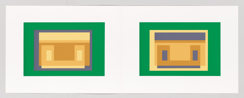 Two rectangular abstract prints with green borders and layered yellow and gray geometric shapes.