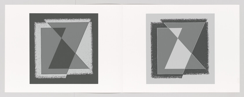 Two abstract geometric prints side by side featuring overlapping triangles within textured square frames.
