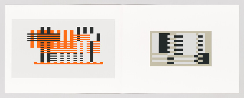 An open book displaying two pages, each with a different abstract geometric print, one in orange and black, and the other in grayscale.