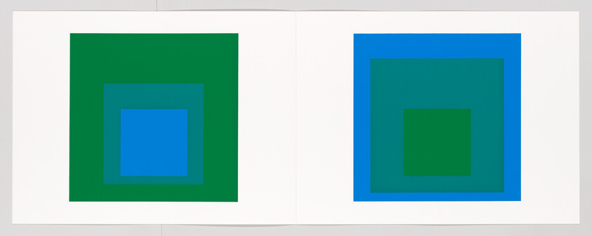 Two abstract prints side by side showing concentric green and blue squares on white backgrounds.