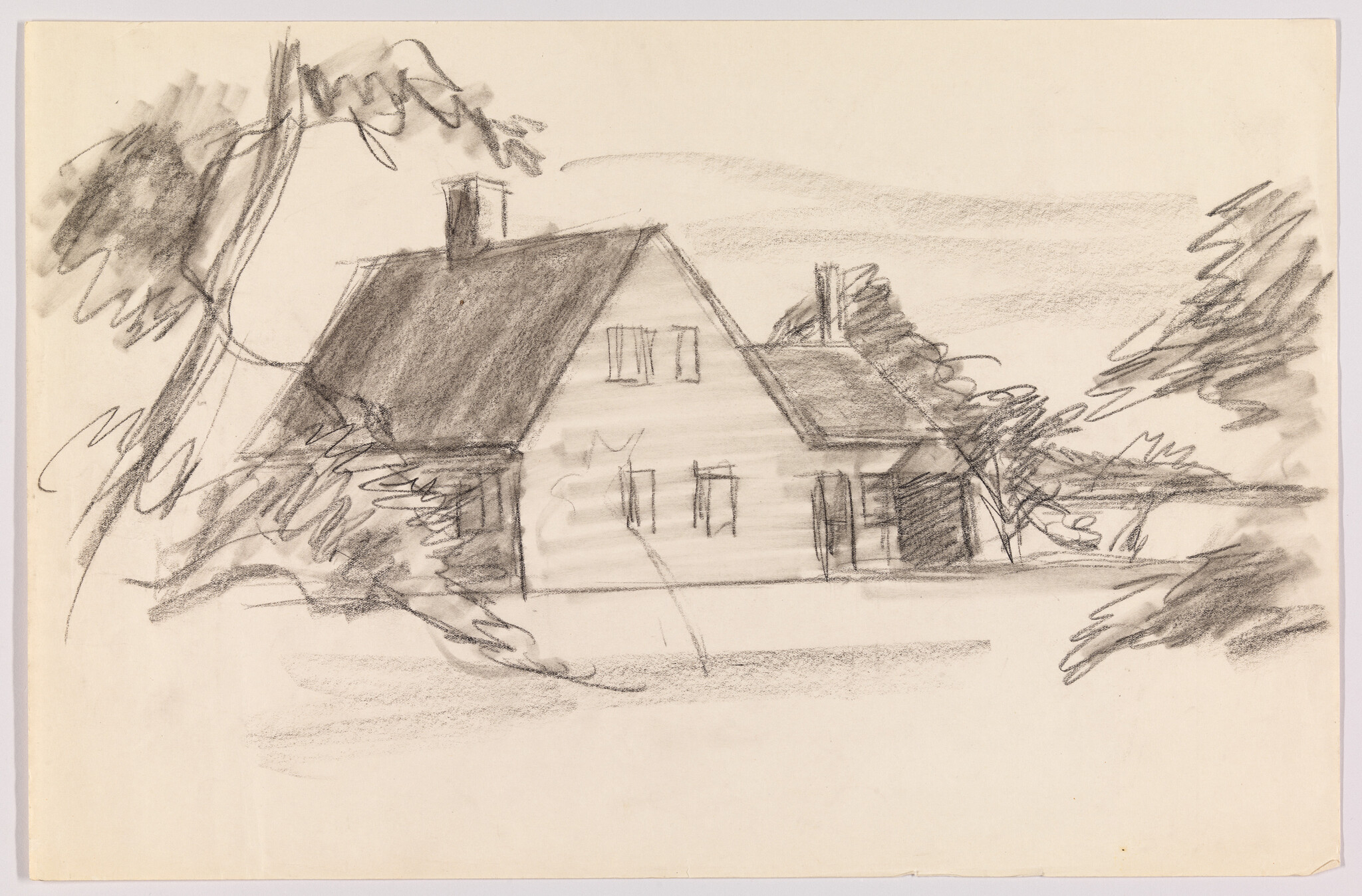 A charcoal sketch of a rural house with trees and bushes around it.