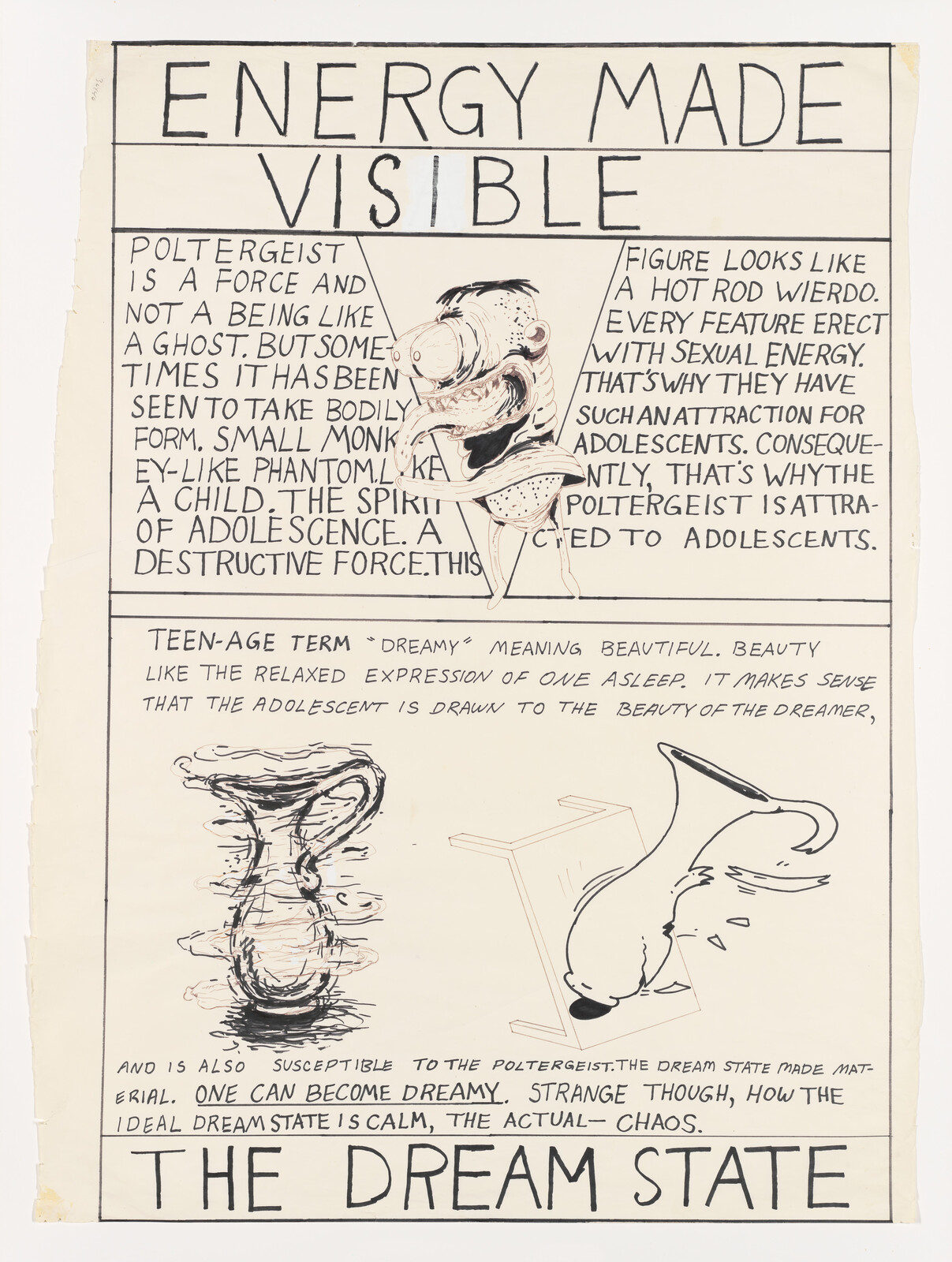 Poster titled "Energy made visible" showing a cartoonish creature, swirling vase, and text about poltergeist.
