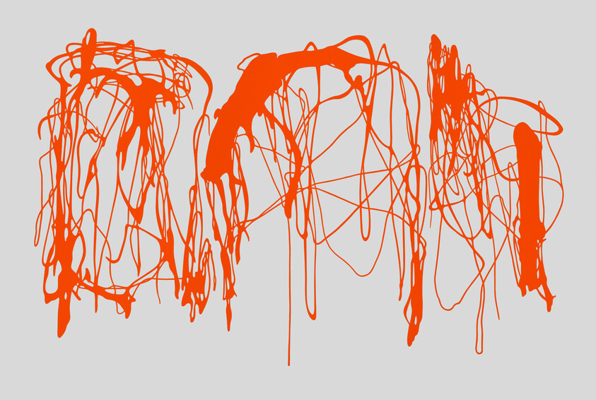 Bright orange paint drips and tangled scribbles across a light gray background.