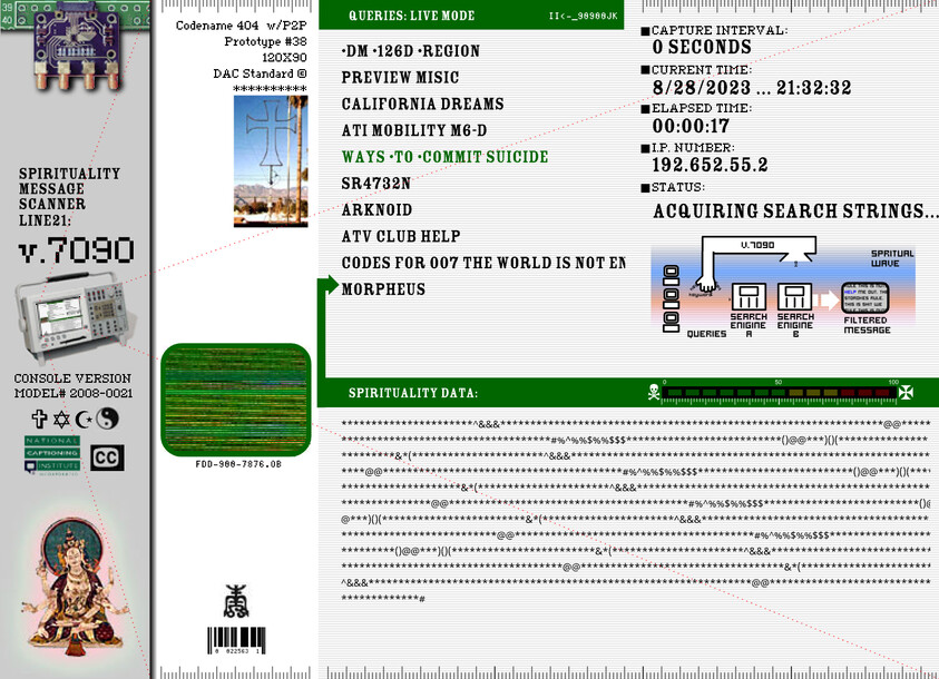 Digital interface with search queries, IP info, and spiritual data. Includes text like "Ways to Commit Suicide" and "Acquiring Search Strings."
