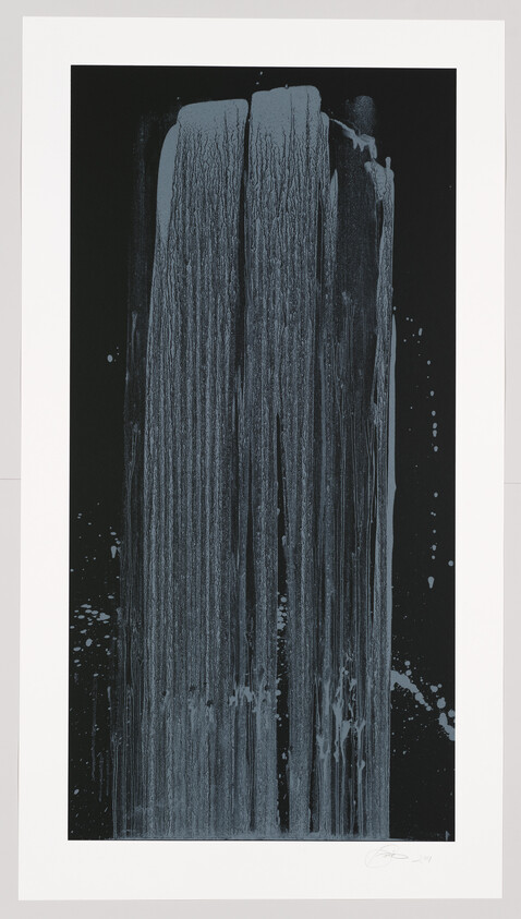 Tall vertical gray-blue paint streaks cascade down a black rectangular canvas like a waterfall.
