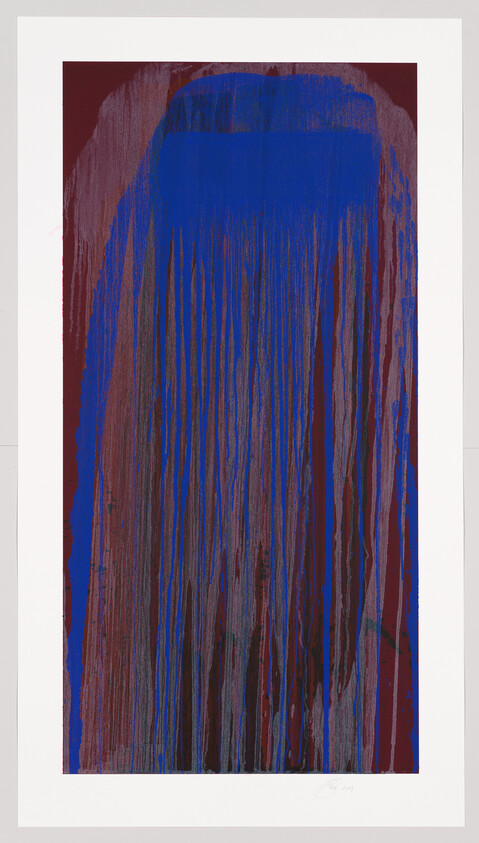 Tall abstract painting with bright blue paint drips flowing down a deep maroon background.