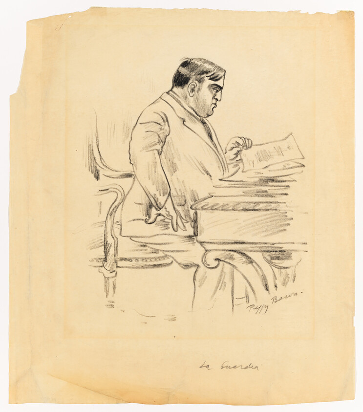 A portly man in a suit leans over a desk reading papers.