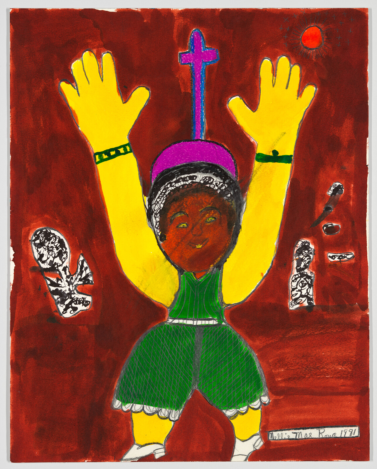 A joyful figure in green raises bright yellow arms with a purple hat and cross above.