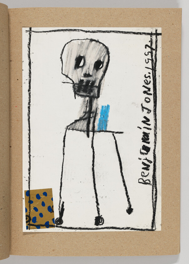 Sketch of a tall stick-figure with a skull-like head and blue mark, signed Benjamin Jones.