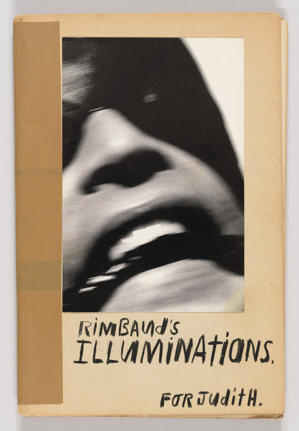Book cover with a cropped black-and-white face and handwritten title "Rimbaud's Illuminations."