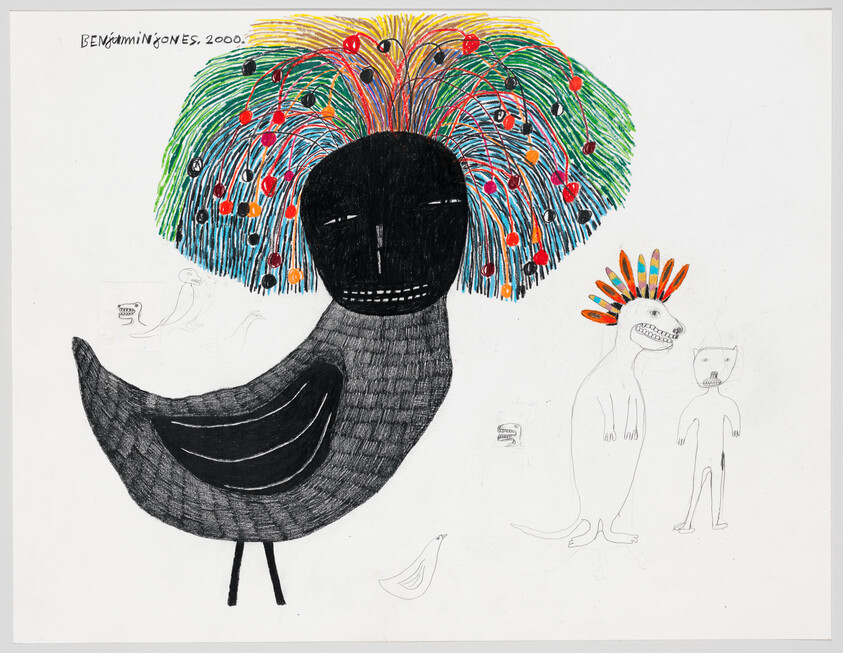 Large black bird-like figure with bright multicolored hair stands beside two small sketchy creature figures.