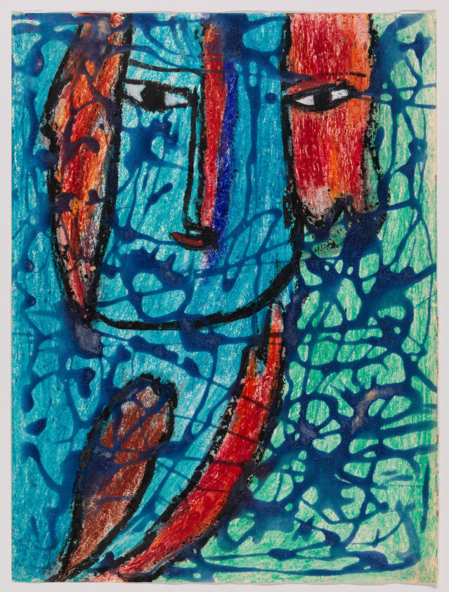 Abstract face with blue background, red hair-like shapes, and dark swirling lines across the surface.