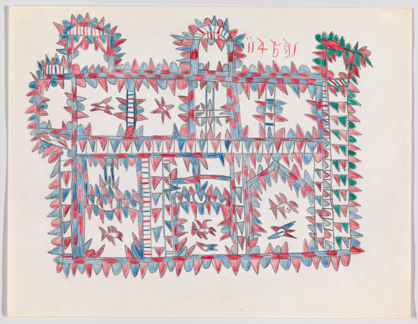 Red and blue geometric drawing of a rectangular framework filled with triangular spikes and star shapes.