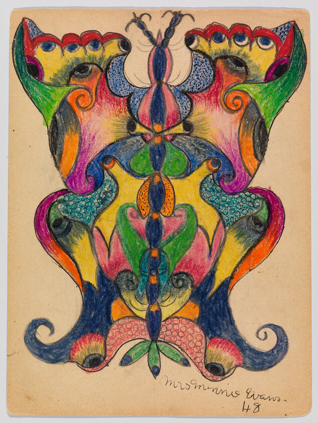 Bright, symmetrical abstract butterfly-like drawing with vivid colors and swirling organic shapes.