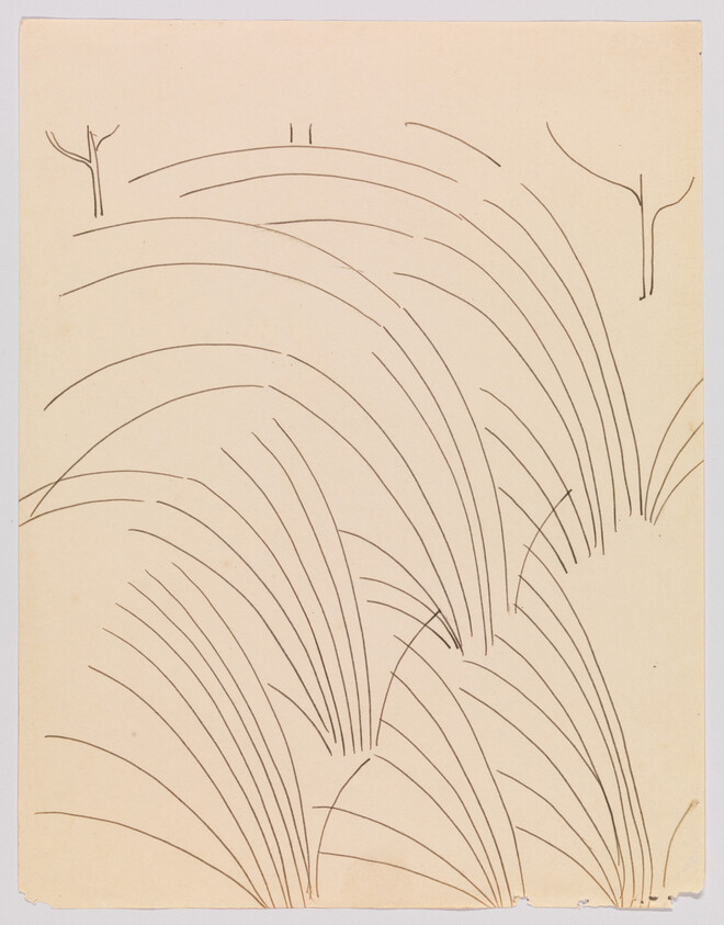 Curved line clusters suggest tall grass or reeds on a plain with two small tree outlines.