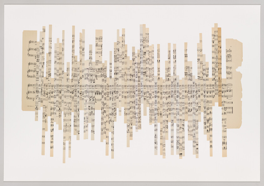 Torn vintage sheet music rearranged into vertical strips forming a symmetrical waveform-like pattern.