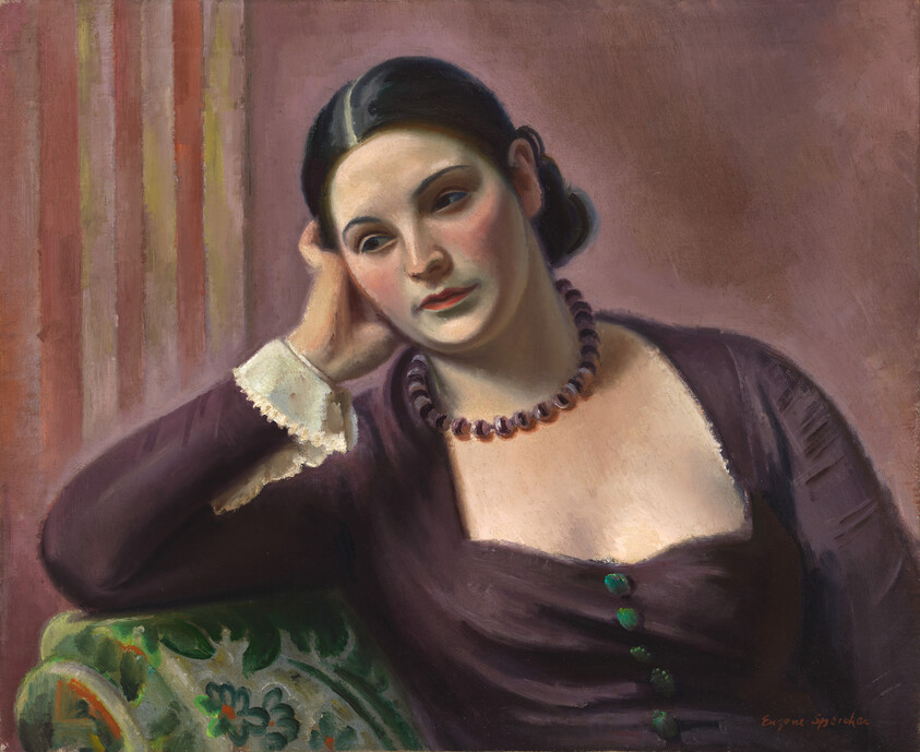 A woman in a purple dress leans her head on her hand, looking thoughtful.
