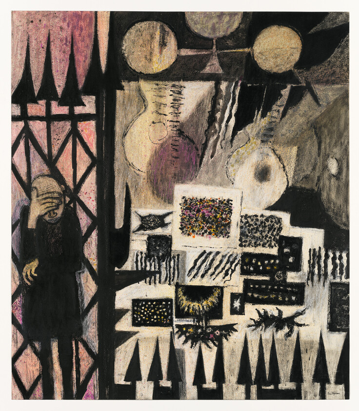 A cloaked figure covers their face beside a patterned abstract collage of circles and spikes.
