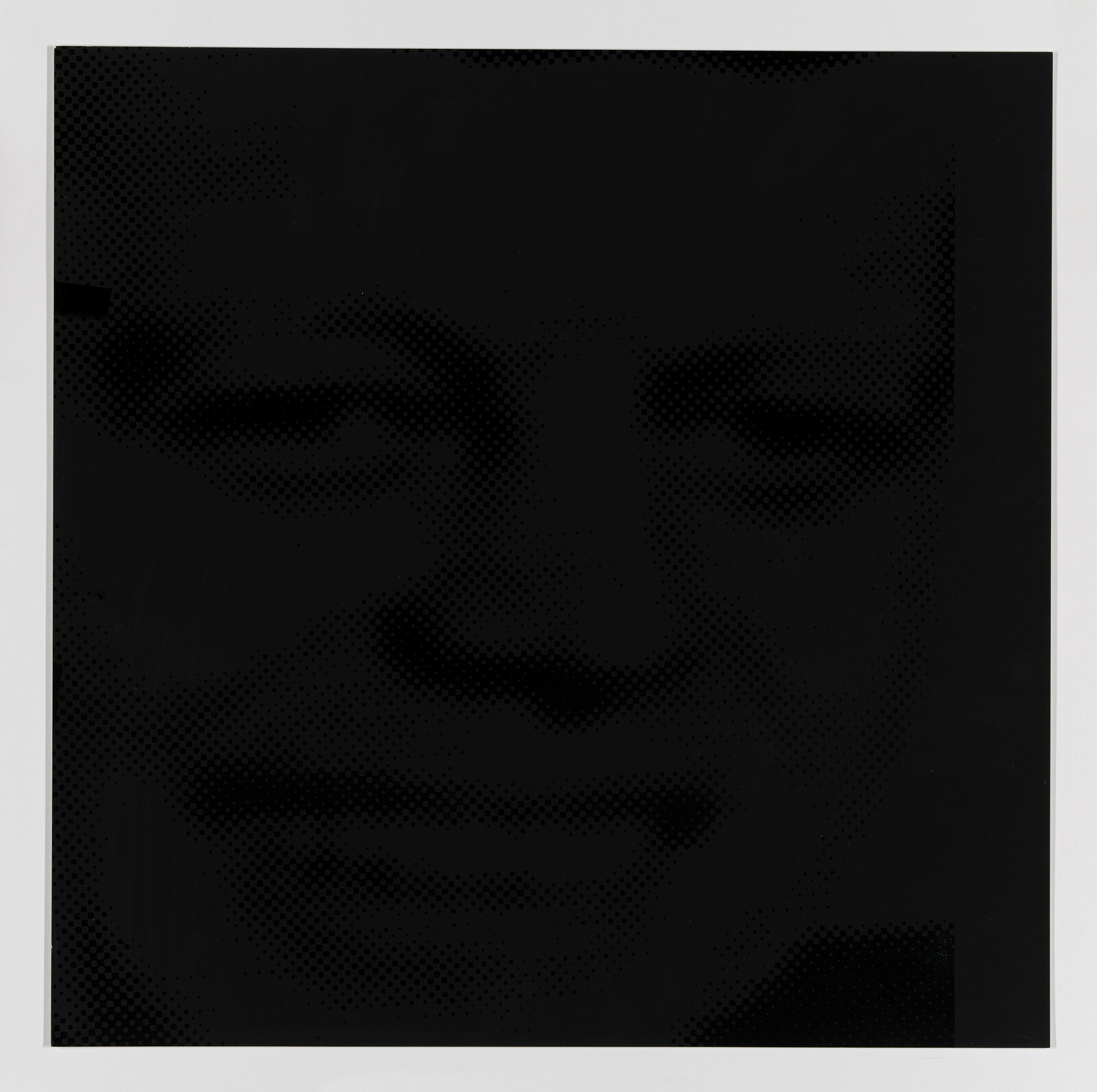 A monochromatic, pixelated image of a person's face with a focus on the eyes and mouth, set against a dark background.