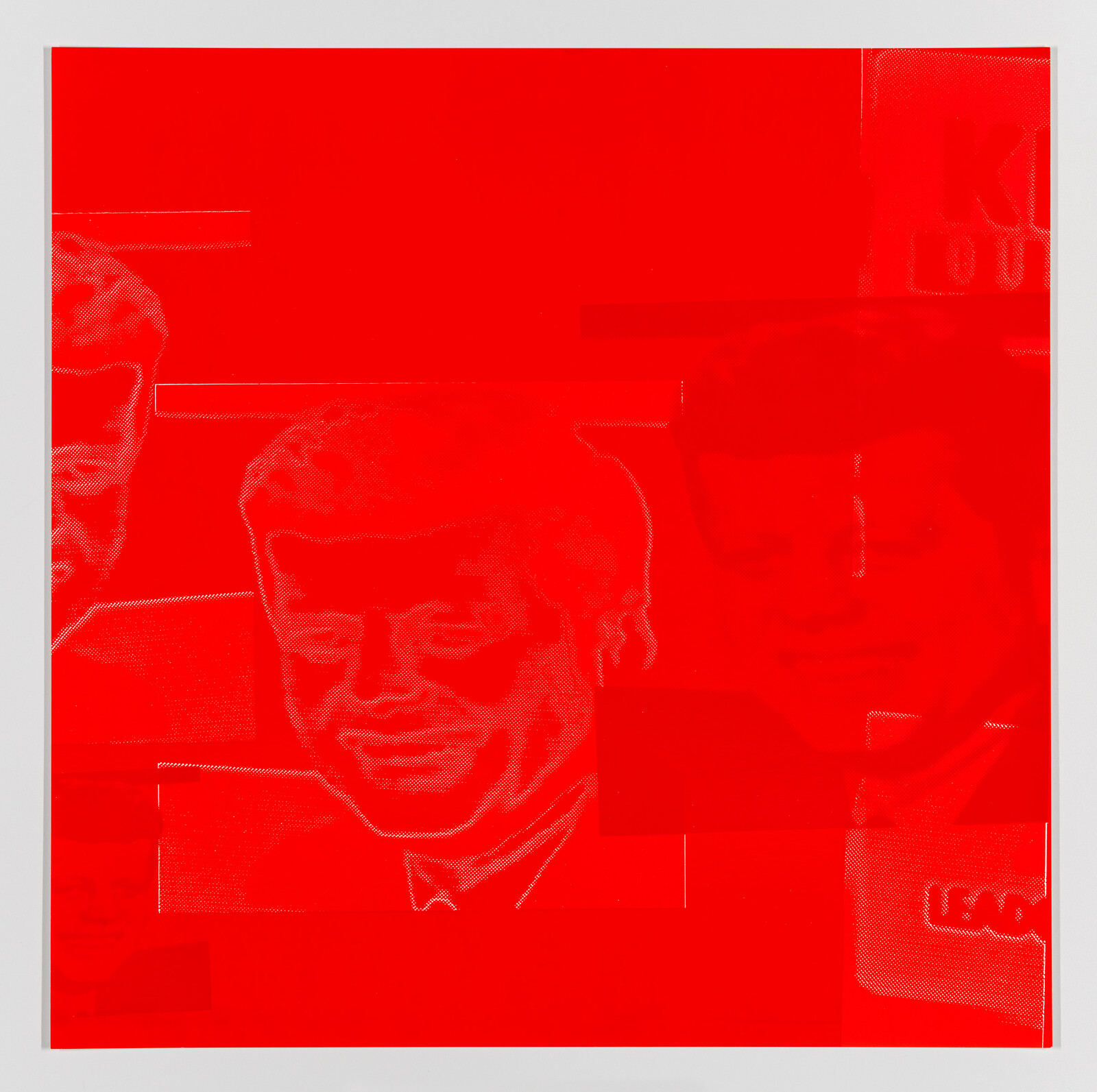 A monochromatic red artwork featuring overlapping silhouettes of a person's face in various scales and orientations, creating an abstract collage effect.