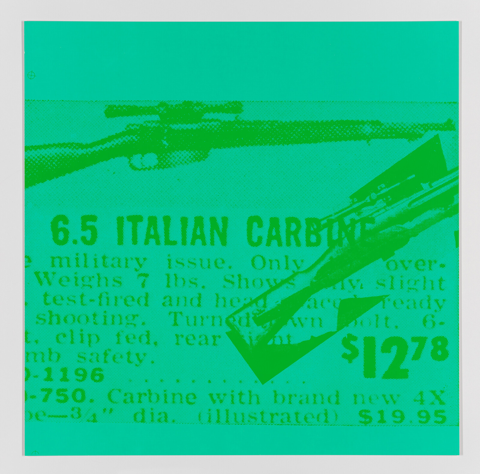A graphic image with a bright green and turquoise color scheme featuring a halftone print of a rifle and text describing a "6.5 Italian Carbine" with specifications and pricing information. The text and image have a vintage advertisement style, and there is a large price tag of "$1278" prominently displayed.