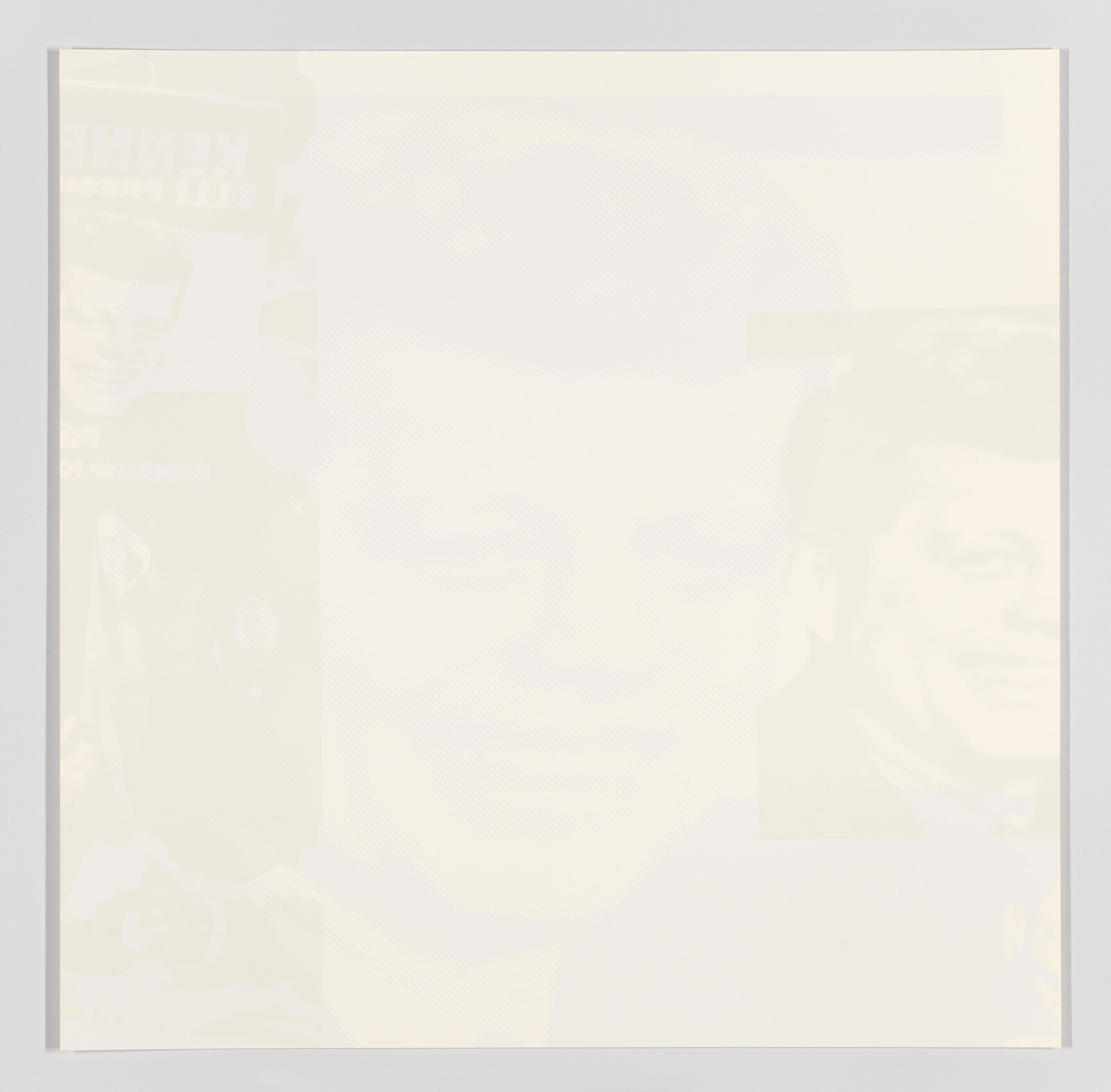 A monochromatic image featuring a collage of faded photographs of a man in various poses, with the central image showing a close-up of his smiling face. The background and images are in pale yellow tones, making the details difficult to discern.