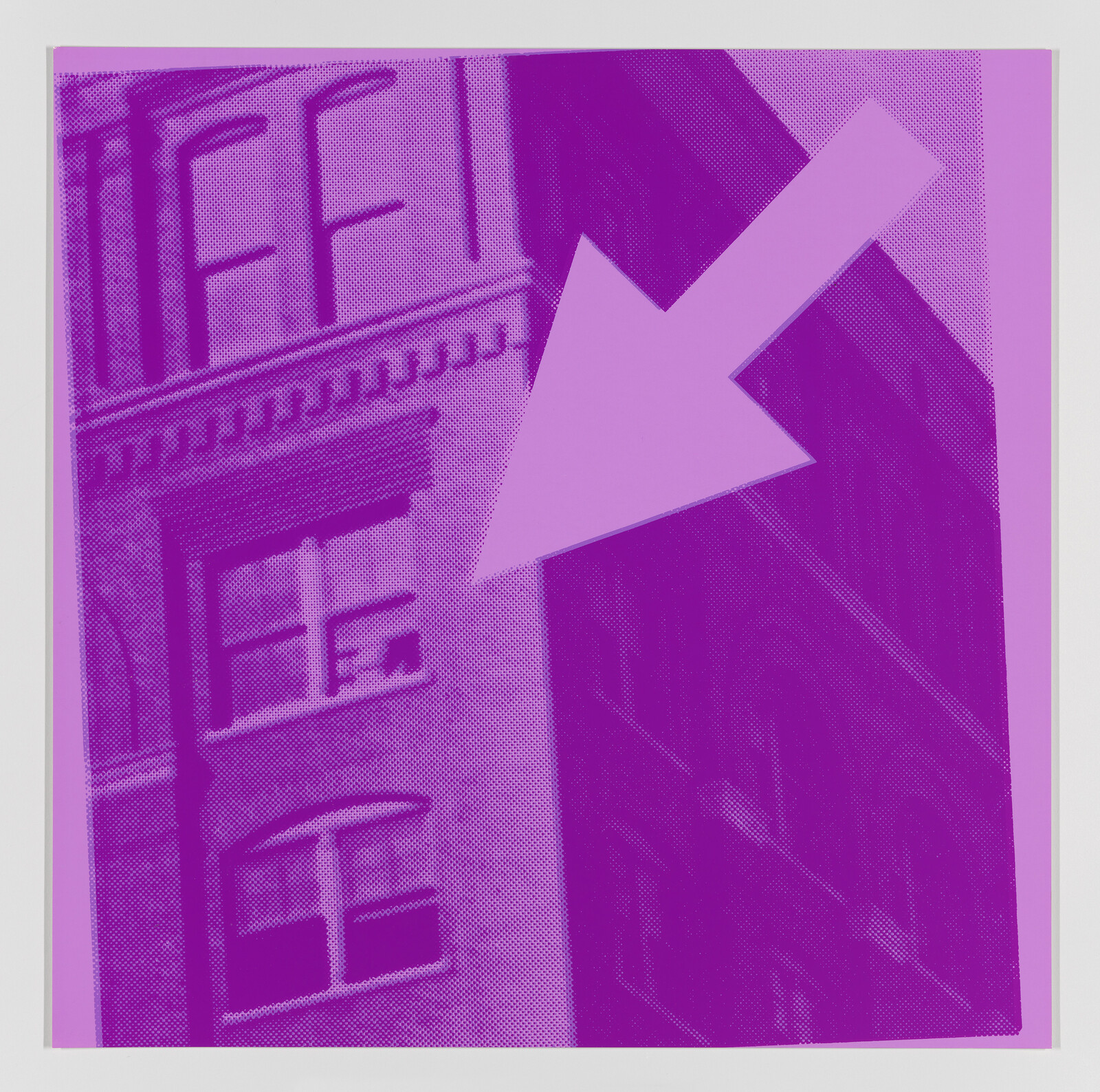 A stylized graphic with a monochromatic purple overlay showing a corner of a building with classic architectural details, overlaid by a large, opaque, lilac-colored arrow pointing towards the bottom left corner of the image.
