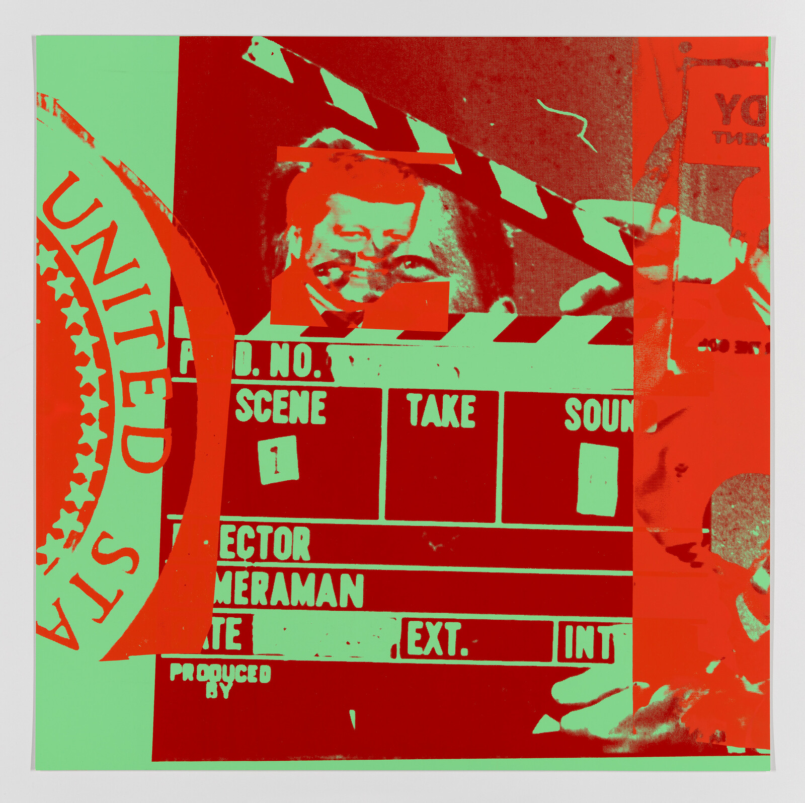A highly stylized and color-altered image featuring a clapperboard with sections labeled for production details, partially obscured by a distorted and fragmented image of a person's face. The background includes elements of text and graphics suggesting a theme related to the United States, with a prominent green and red color scheme.