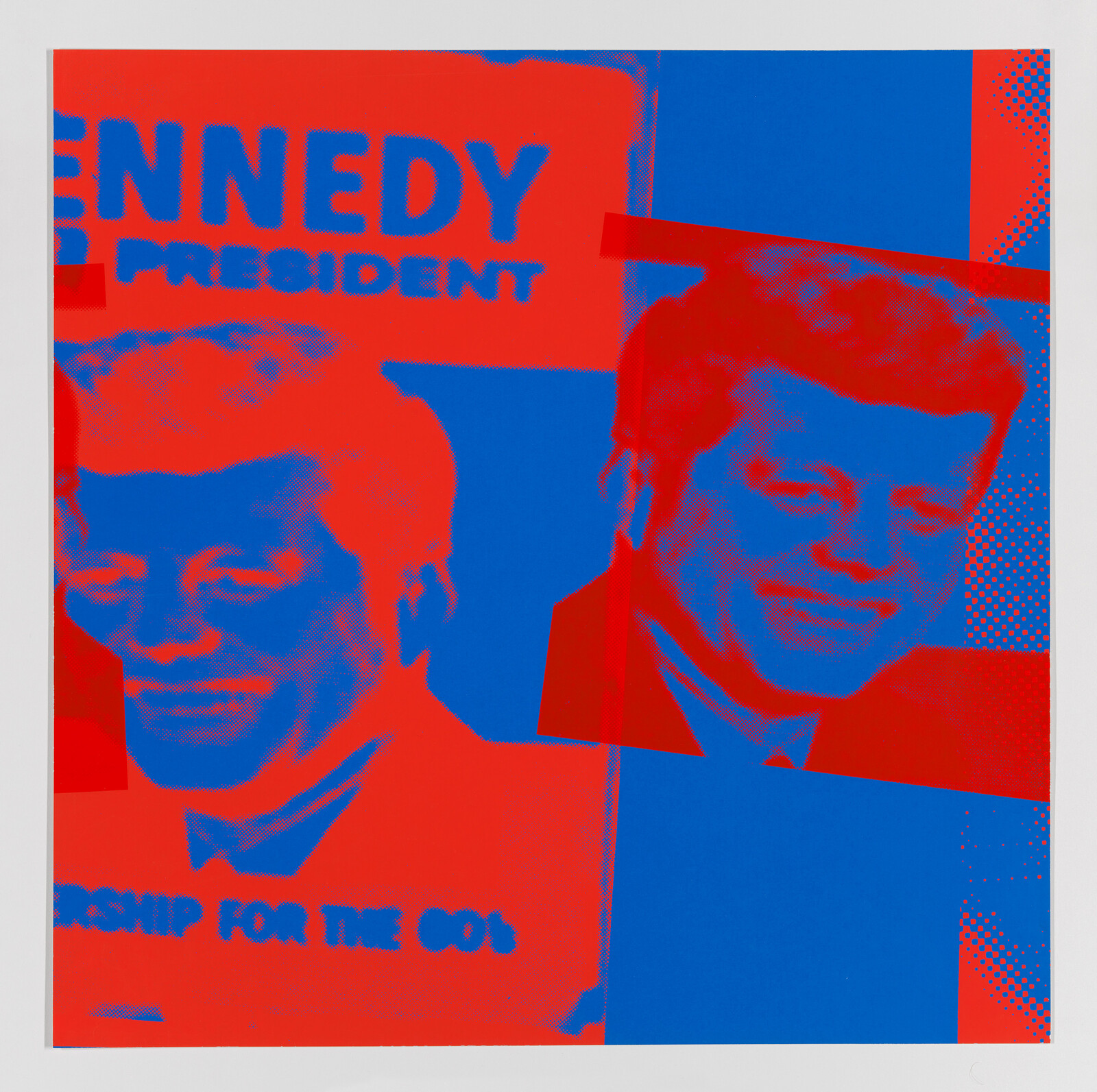 A pop art style graphic with a red and blue color scheme featuring a portrait of a man with text that reads "KENNEDY FOR PRESIDENT" and "LEADERSHIP FOR THE 60S". The image has a halftone dot pattern, reminiscent of mid-20th-century screen printing techniques.