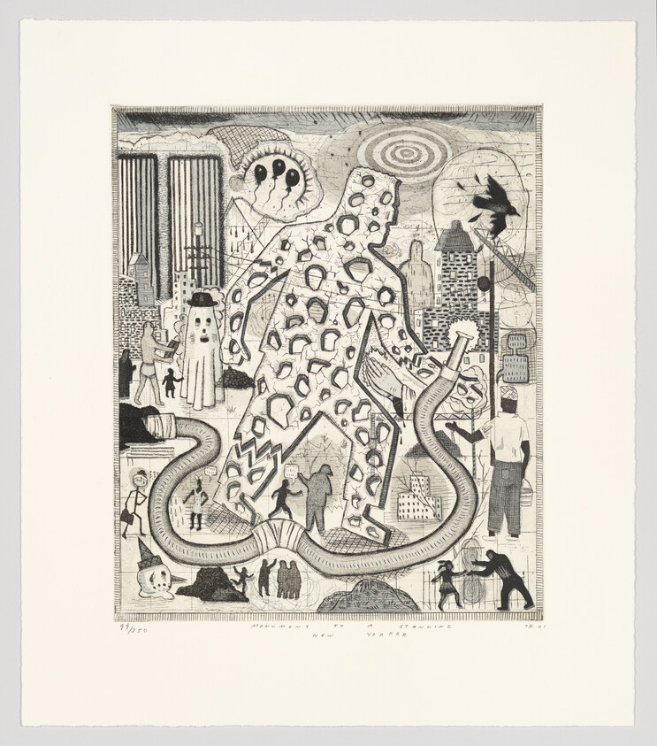 A large patterned humanoid figure towers over a chaotic city scene with small people and winding serpent.