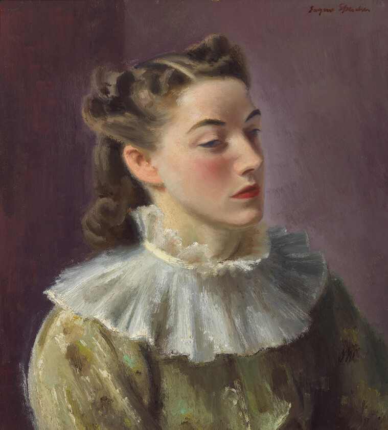 Young woman with pale ruffled collar gazing pensively to the side.