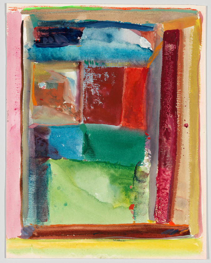 Bright abstract watercolor painting of stacked color blocks and vertical bands in varied hues.