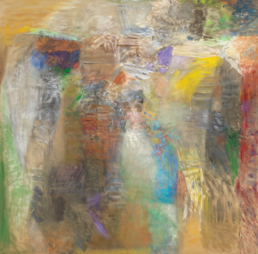 Abstract painting with soft blended colors and vertical brushstrokes suggesting figures and layered textures.