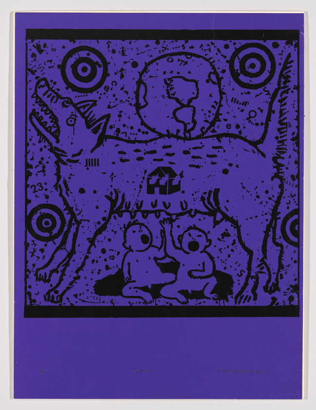 A vibrant purple and black print featuring a stylized, mythical creature with multiple eyes and a prominent central eye, above two smaller figures that appear to be in a state of awe or worship. The background is filled with various eye patterns and textures, and there is a solid purple border at the bottom with the artist's signature.