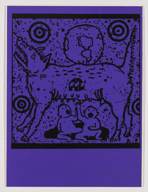 A stylized wolf-like creature stands while two children nurse beneath it with Earth above.