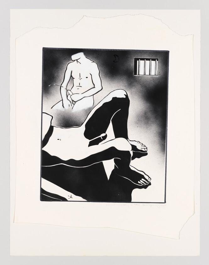 Two stylized nude male figures in black-and-white composition, one reclining and one seated near a barred window.