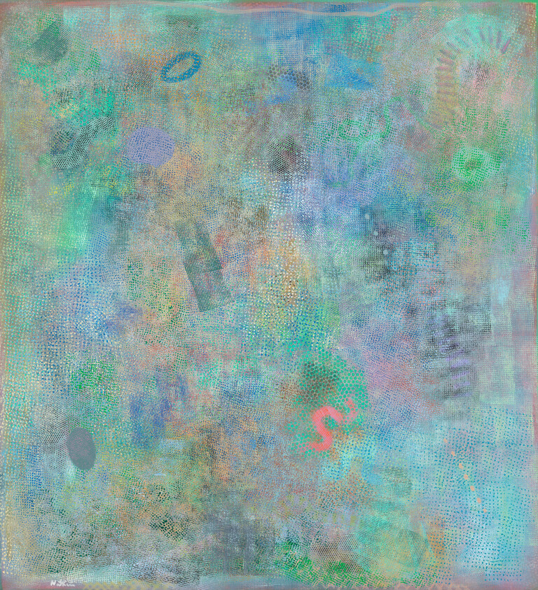 Soft pastel abstract painting with layered blue-green textures and scattered faint shapes and dots.