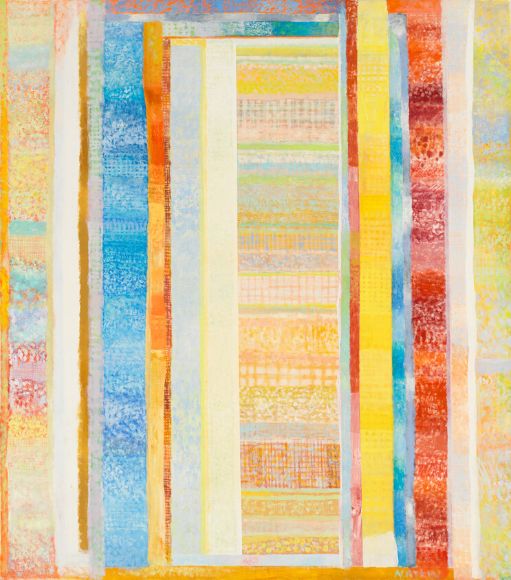 Abstract painting of vertical textured stripes in bright blues, yellows, oranges, and reds.