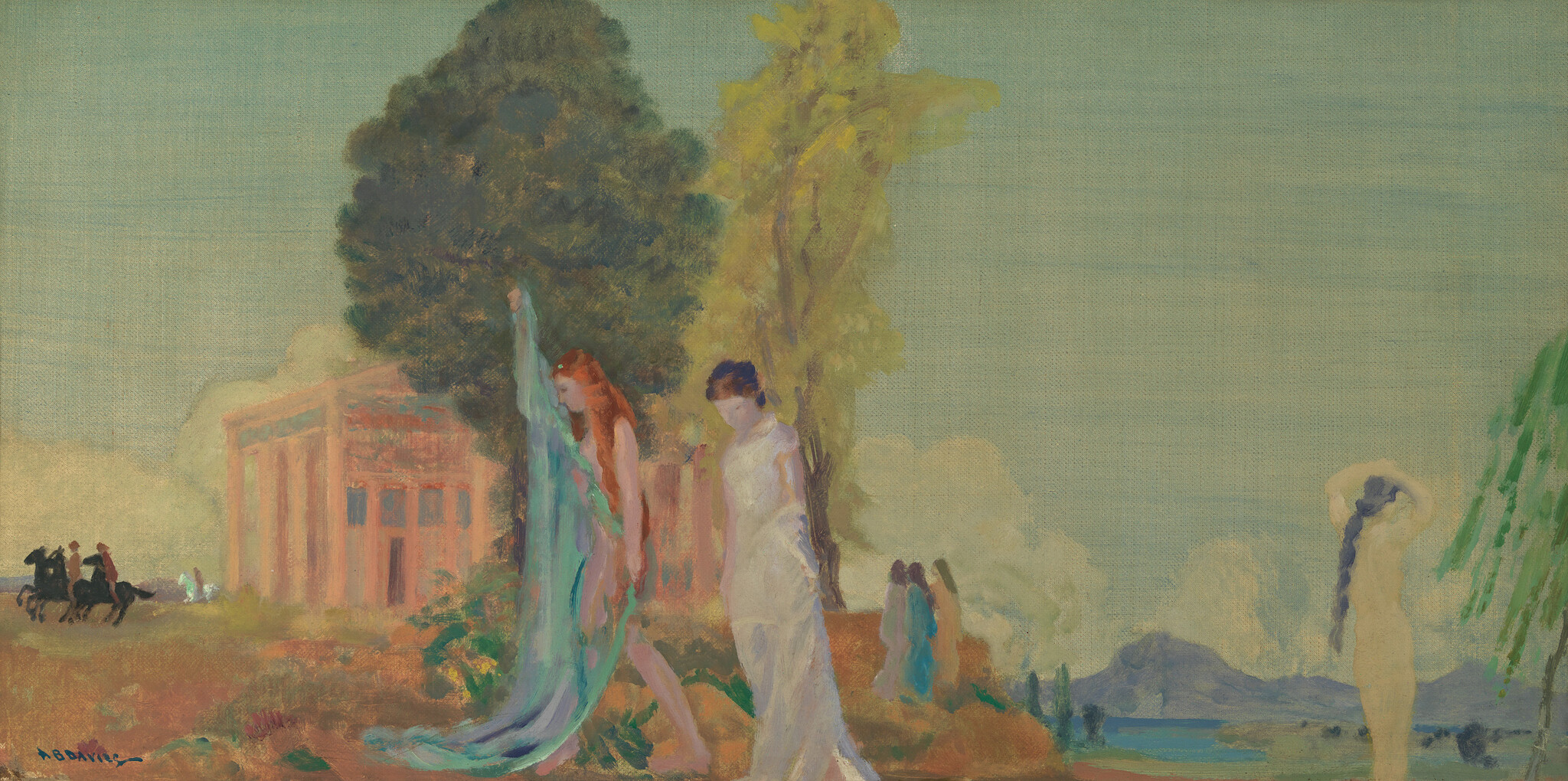 Two women in flowing dresses walk near trees and a classical building with distant riders.