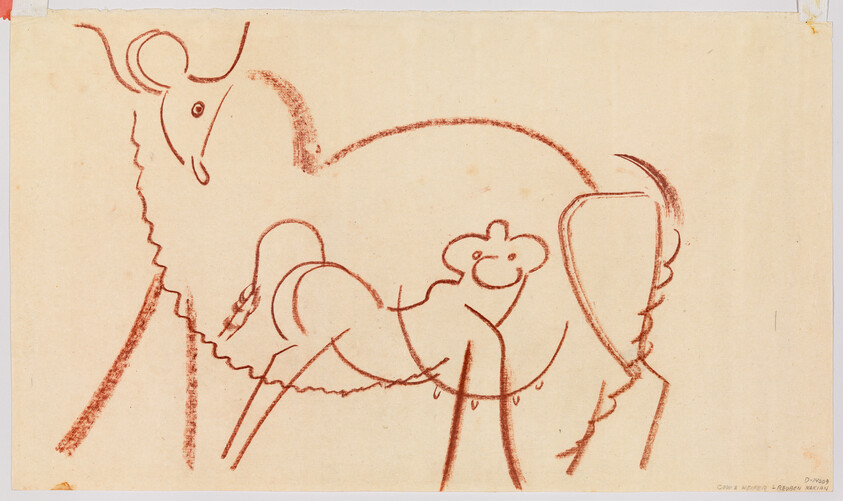 A simple red chalk sketch of a horned sheep standing while a lamb nurses underneath.