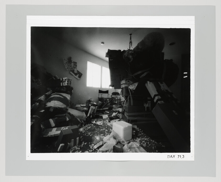 A cluttered room filled with stacked boxes, packing materials, and scattered debris by bright windows.