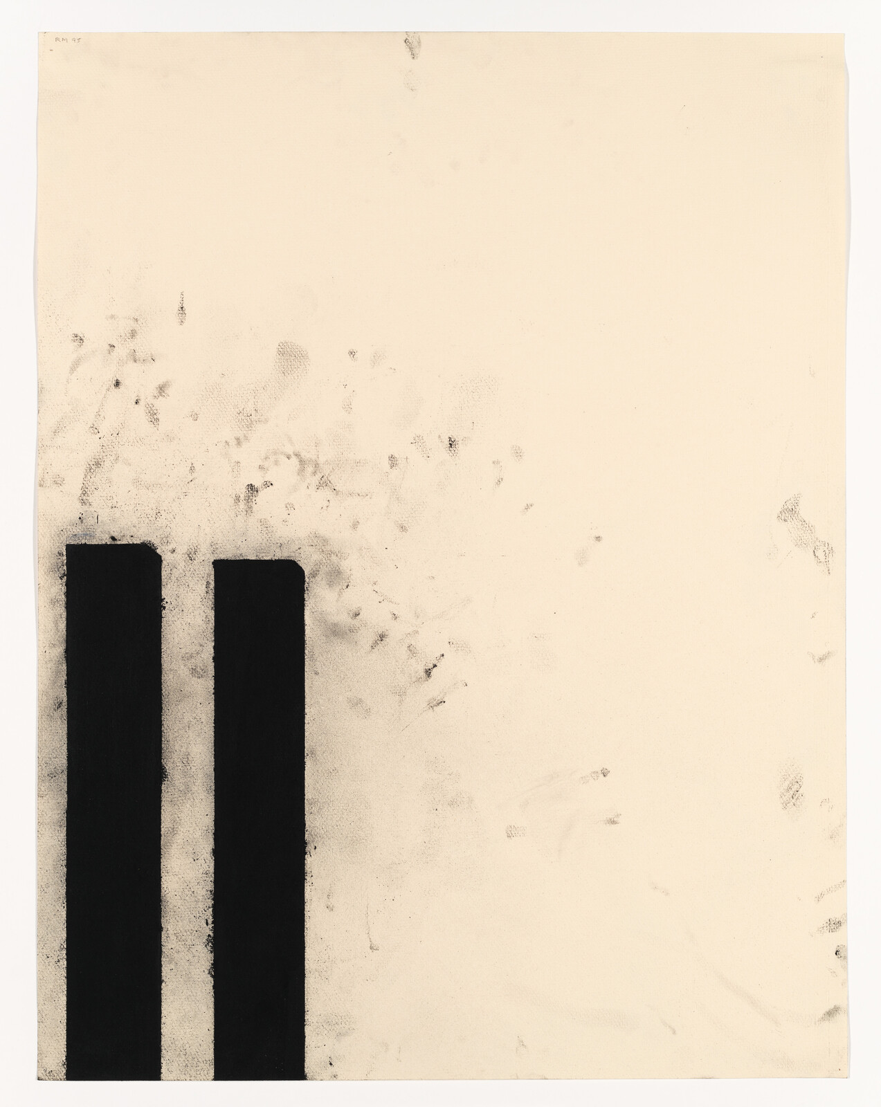 Two thick vertical black bars appear at the left of a smudged beige sheet of paper.